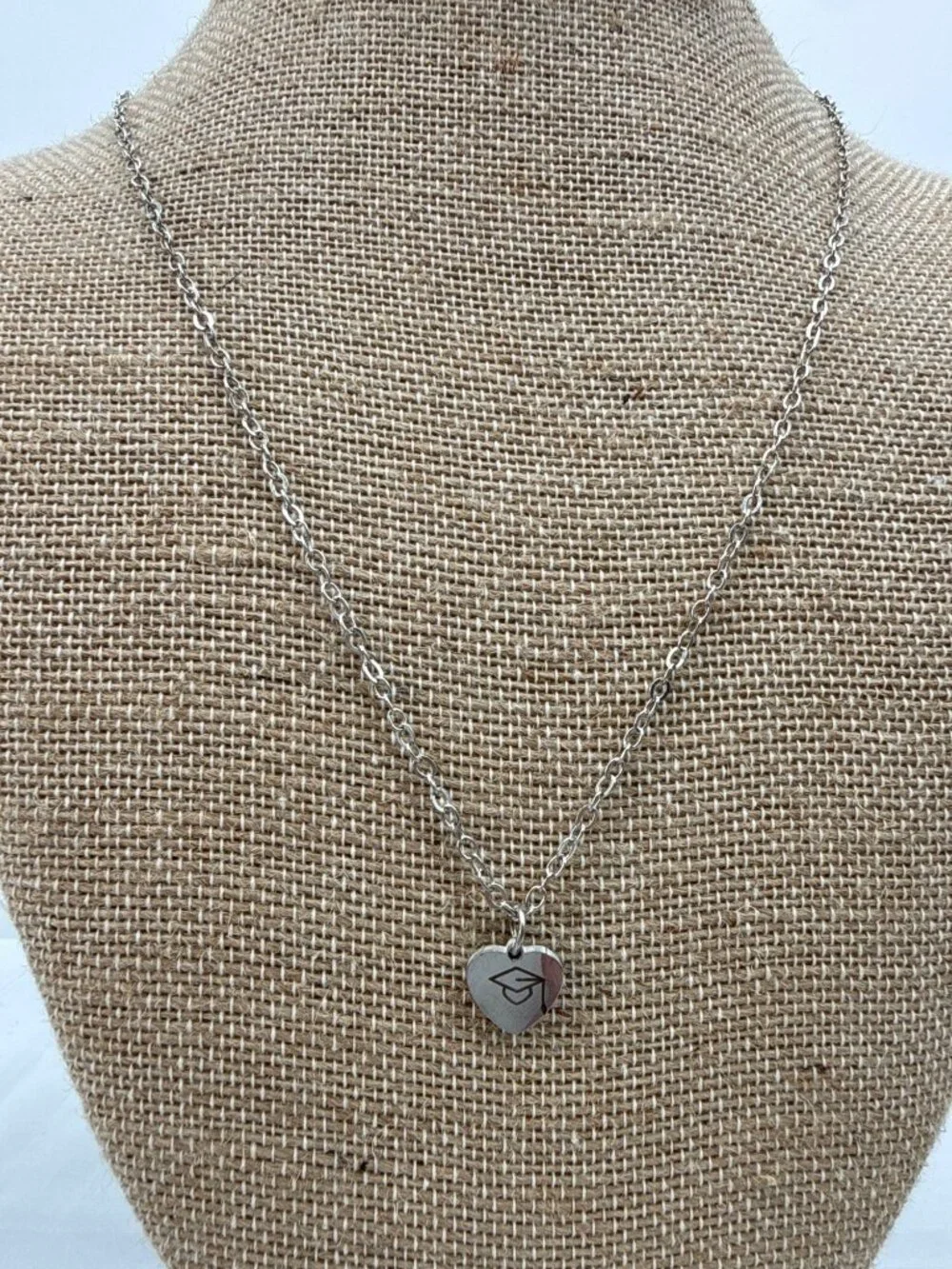 Silver Tone Heart Graduation Cap Pendant Necklace Dainty Academic Milestone